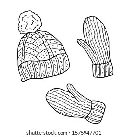 Hat and mittens. Hand drawn vector illustration. Monochrome black and white ink sketch. Line art. Isolated on white background. Coloring page