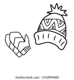 Hat and mittens .Vector children's design for banners, postcards and colorings.