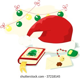 Hat, mobile, book of Santa Claus. New year illustration. Vector image
