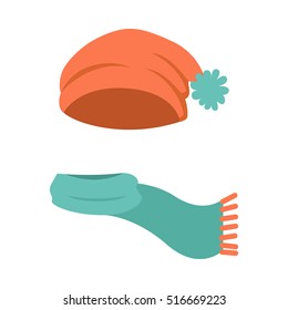 Hat. Modern big and long winter orange hat and green scarf with many lined edges. Knitted winter head clothing. Icons with contemporary headwearings. White background. Flat design. Vector illustration