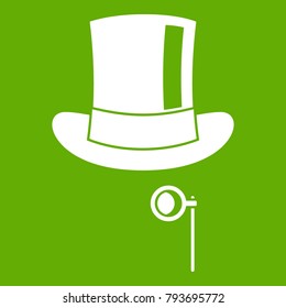 Hat with monocle icon white isolated on green background. Vector illustration