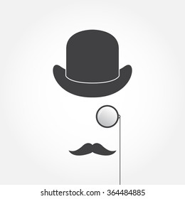 Hat, monocle, mustache. Old fashioned gentleman accessories icons set. Vintage style. Vector illustration.