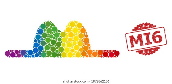 Hat mosaic icon of spheric dots in various sizes and LGBT colored color tones, and MI6 grunge rosette stamp. A dotted LGBT-colored Hat for lesbians, gays, transgenders, and bisexuals.