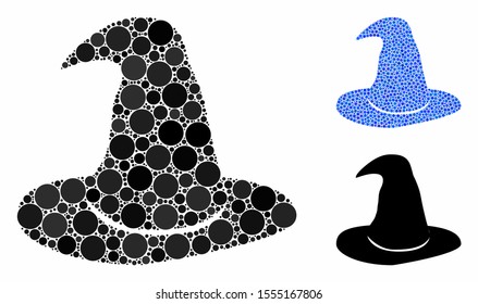 Hat mosaic of small circles in various sizes and color tinges, based on hat icon. Vector small circles are grouped into blue illustration. Dotted hat icon in usual and blue versions.