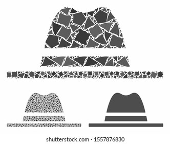 Hat mosaic of tuberous elements in variable sizes and color tones, based on hat icon. Vector ragged elements are organized into collage. Hat icons collage with dotted pattern.