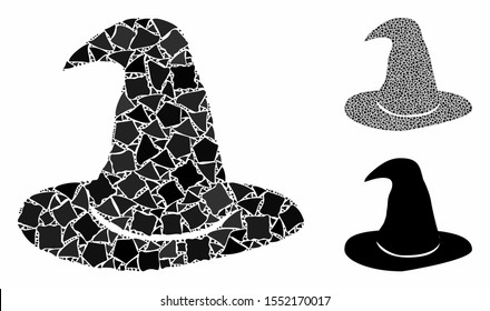 Hat mosaic of tuberous parts in various sizes and color tones, based on hat icon. Vector tuberous parts are united into illustration. Hat icons collage with dotted pattern.