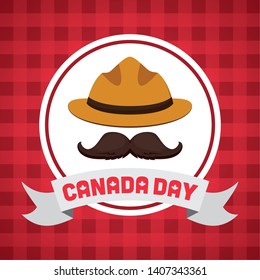 hat and moustache badge happy canada day vector illustration