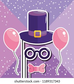 hat and moustache with balloons to happy birthday