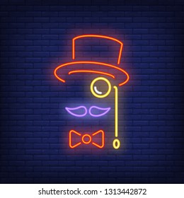 Hat, moustache, bow tie and monocle neon sign. Gentleman concept design. Night bright neon sign, colorful billboard, light banner. Vector illustration in neon style.