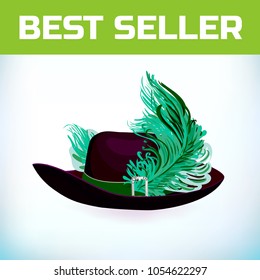 Hat musketeer France or pirate old hat with feather, made of felt or leather with an iron buckle. Vector illustration. For a masquerade, or historical attribute of a costume.