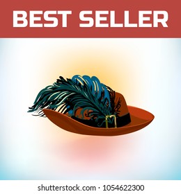 Hat musketeer France or pirate old hat with feather, made of felt or leather with an iron buckle. Vector illustration. For a masquerade, or historical attribute of a costume.