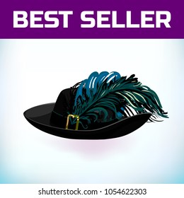 Hat musketeer France or pirate old hat with feather, made of felt or leather with an iron buckle. Vector illustration. For a masquerade, or historical attribute of a costume.