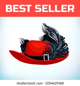 Hat musketeer France or pirate old hat with feather, made of felt or leather with an iron buckle. Vector illustration. For a masquerade, or historical attribute of a costume.