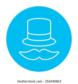 Hut und Schnurrbart Line Icon für Web-, Mobil- und Infografiken. Vektorweißes Symbol auf hellblauem Kreis, einzeln auf weißem Hintergrund.