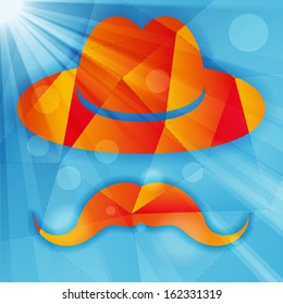 Hat with mustache on a blue abstract geometrical background
