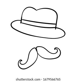 Hat and mustache. Retro illustration of the 20s, men's fashion, Black and white illustration. Coloring page or book, anti-stress, hobby.