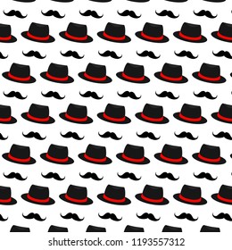 Hat and mustache seamless pattern. Can be used as a holiday background for Father's Day.
