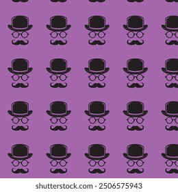 hat mustache specs uncle icon seamless pattern elegant simple  high quality print wallpaper for textile fashion in violet and black