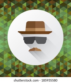 Hat mustache and sunglasses vector on green and brown background