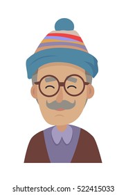 Hat. Old smiling man with grey mustache wearing blue striped cap and round glasses. Hat with violet, red and silver stripes. Violet skirt with collar. Brown sweater. Flat design. Vector illustration