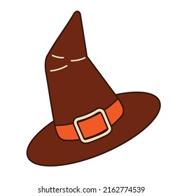 The hat of an old witch, highlighted on a white background. A symbol of witchcraft. An element for Halloween in a flat style