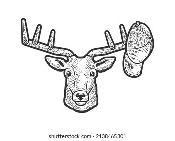 Hat on deer head with horns clothes hanger sketch engraving vector illustration. T-shirt apparel print design. Scratch board imitation. Black and white hand drawn image.