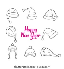 Hat With Outline Icons Set, Christmas Clothes Elements, New Year Symbol Decoration, Xmas, Objects, Festive, Celebrations, Clothing, Head