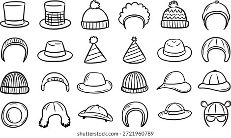 Conjunto de vetor de contorno de chapéu, bonés de doodle, beanies, chapéus de festa, moda Headwear ícones