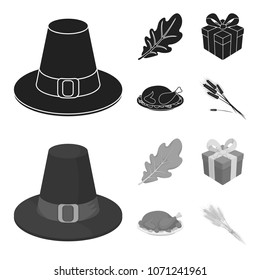 Hat of a pilgrim, oak leaf, gift in a box, fried turkey. Canada thanksgiving day set collection icons in black,monochrom style vector symbol stock illustration web.