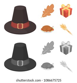 Hat of a pilgrim, oak leaf, gift in a box, fried turkey. Canada thanksgiving day set collection icons in cartoon,cmonochrome style vector symbol stock illustration web.