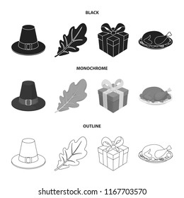 Hat of a pilgrim, oak leaf, gift in a box, fried turkey. Canada thanksgiving day set collection icons in black,monochrome,outline style vector symbol stock illustration web.