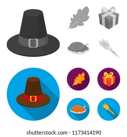 Hat of a pilgrim, oak leaf, gift in a box, fried turkey. Canada thanksgiving day set collection icons in monochrome,flat style vector symbol stock illustration web.