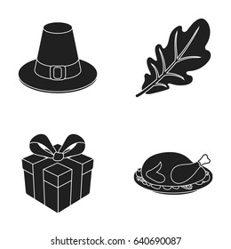Hat of a pilgrim, oak leaf, gift in a box, fried turkey. Canada thanksgiving day set collection icons in black style vector symbol stock illustration web.