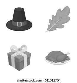 Hat of a pilgrim, oak leaf, gift in a box, fried turkey. Canada thanksgiving day set collection icons in monochrome style vector symbol stock illustration web.