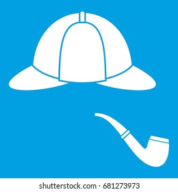 Hat and pipe icon white isolated on blue background vector illustration