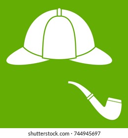 Hat and pipe icon white isolated on green background. Vector illustration