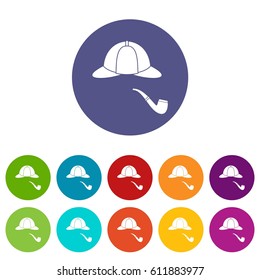 Hat and pipe set icons in different colors isolated on white background