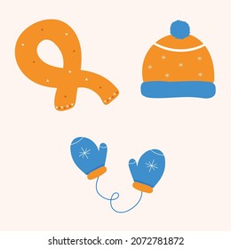 Hat with a pom pom, scarf and mittens. Winter accessory. Warm clothes flat icon. Vector illustration isolated on white background.