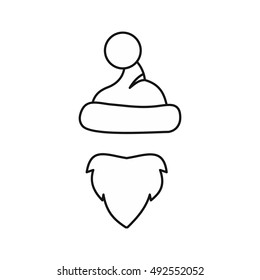 Hat with pompom and beard of Santa Claus icon in outline style isolated on white background. New year symbol vector illustration
