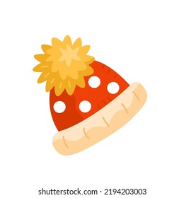 Hat with a pompom in cartoon style. Vector isolated illustration on a white background.
