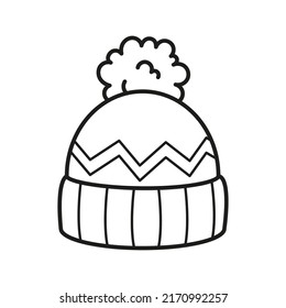 Hat with pompom. Coloring. Black and white vector illustration.