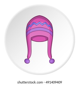 Hat with pompom icon in cartoon style on white circle background. Accessory symbol vector illustration