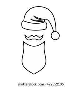 Hat with pompom and long beard of Santa Claus icon in outline style isolated on white background. New year symbol vector illustration