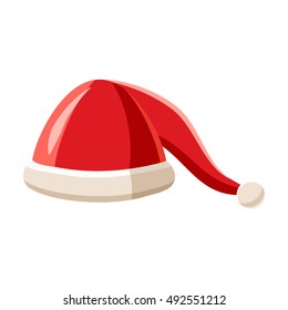 Hat with pompom of Santa Claus icon in cartoon style isolated on white background. Headdress symbol vector illustration