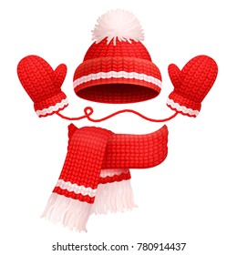 Hat with pompom and scarf with mittens of red color, traditional winter set, warm clothes, vector illustration, isolated on white background