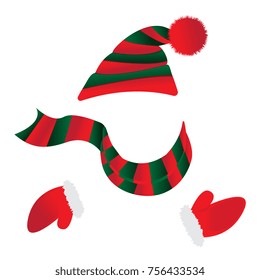 Hat with pompom. Striped scarf. Gauntlets with fur.