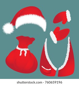 Hat with pompon, bag, waistcoat, Santa Claus gloves.