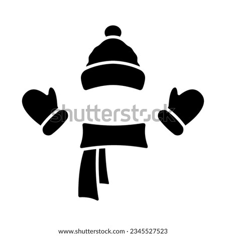 Hat with pompon, scarf and mittens icon. Winter clothes. Black silhouette. Front view. Vector simple flat graphic illustration. Isolated object on a white background. Isolate.