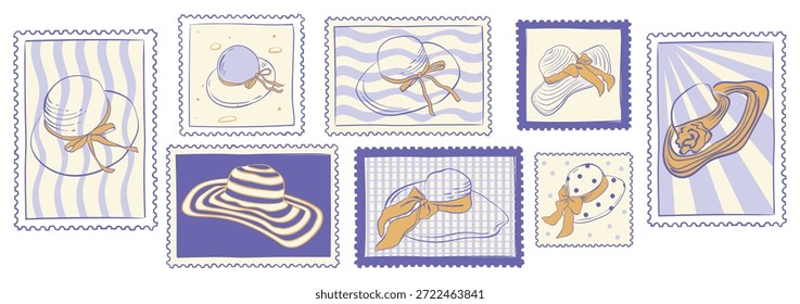 Hat postage stamps set in vintage hand drawn style. Summer sea, sun and marine elements. Vector bundle.