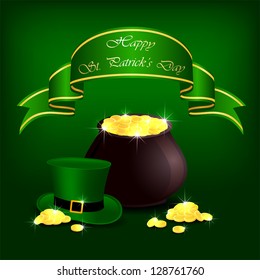 Hat and pot with leprechauns gold on green background, illustration.